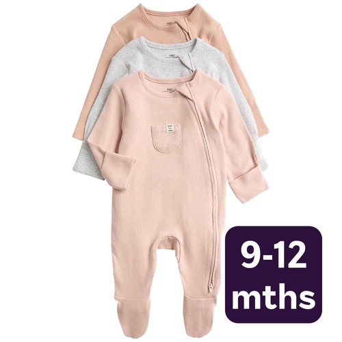 M&S Unisex Cotton Rich Ribbed Sleepsuits, 9-12 M, Blush