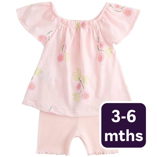 M&S Cotton Jersey Fruit Print Top and Shorts, 3-6 Months, Pink