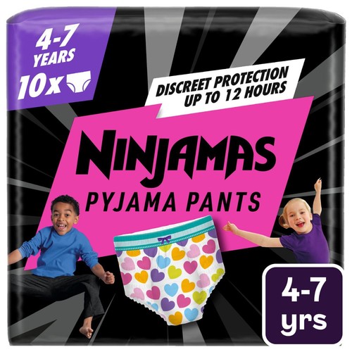 Pampers Ninjamas Pyjama Pants Girls, 10 Nappy Pants, 4-7 Years, 17-30kg 
