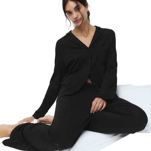 M&S Womens Cotton Modal Revere Pyjama Set, XS, Black