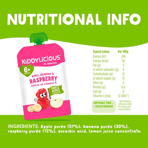 Kiddylicious Apple, Banana & Raspberry Baby Food Pouch 6+ Months