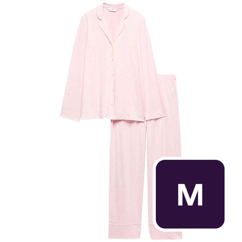 M&S Womens Soft Touch Printed Revere Pyjama Set, Medium, Pink Mix