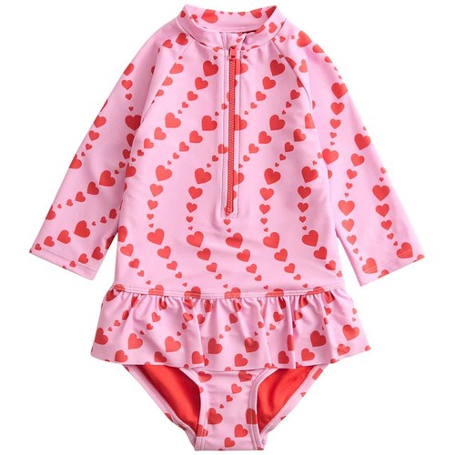 M&S Girls Heart Print Long Sleeve Swimsuit, 6-7 Years, Magenta