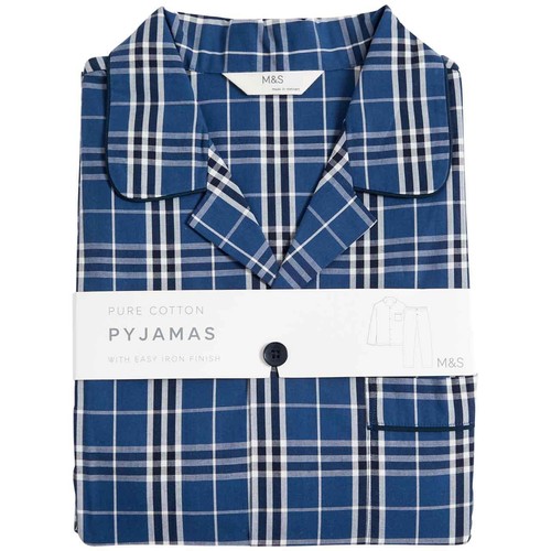 M&S Mens Pure Cotton Checked Pyjama Set, S, Blue