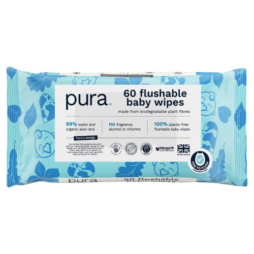 Pura Plastic Free Flushable Baby Wipes 12 x 60pk
