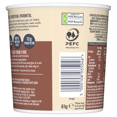 Quaker Oats High Protein Chocolate Brownie Porridge Pot
