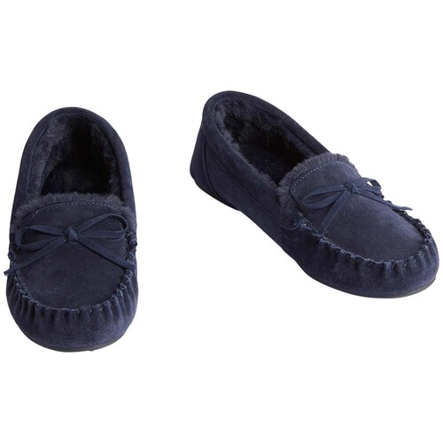 M&S Suede Bow Fur Lined Moccasin Slippers Midnight Navy Ocado