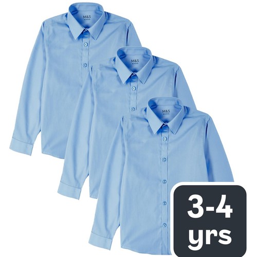 M&S Boys Slim Fit Easy to Iron School Shirts, 3-4 Years, Blue