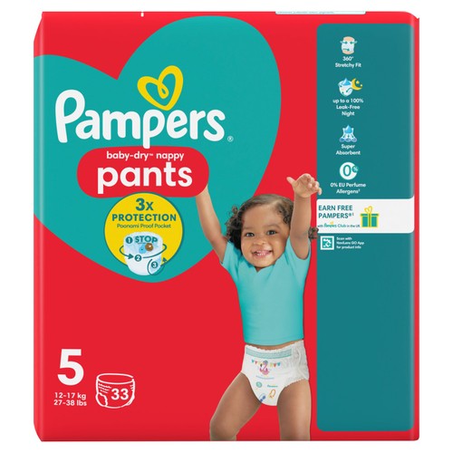 Pampers Baby-Dry Nappy Pants, Size 5 (12-17kg) Essential Pack
