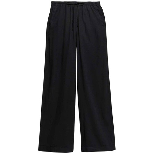M&S Womens Drawstring Wide Leg Trousers with Linen, Size 18, Regular, Black