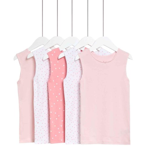 M&S Girls Pure Cotton Heart Print Vests, 3-4 Years, Pink Mix