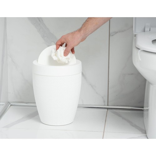 Addis Faux Hessian Plastic Round Swing Lid Bathroom Bin, White