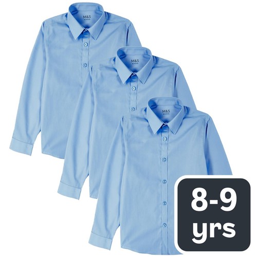 M&S Boys Slim Fit Easy to Iron Shirts, 8-9 Years, Blue