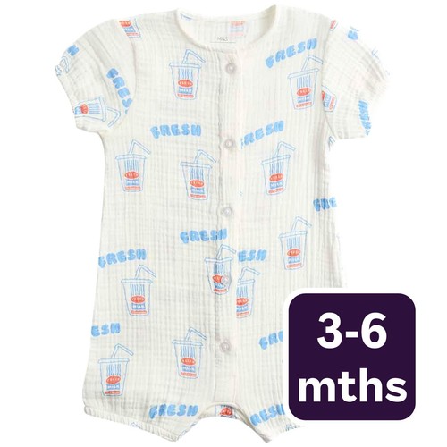 M&S Unisex Pure Cotton Milkshake Print Romper, 3-6 M, Cream