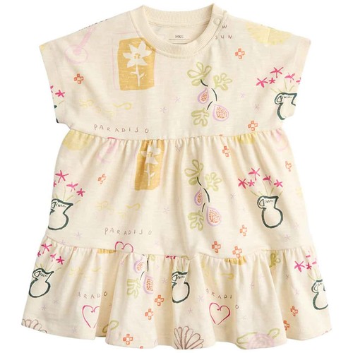 M&S Cotton Jersey All-Over-Print Dress, 12-18 Months, Cream