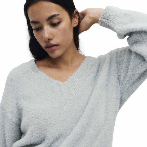 M&S Womens Feather Knit V-Neck Pyjama Top, XL, Grey