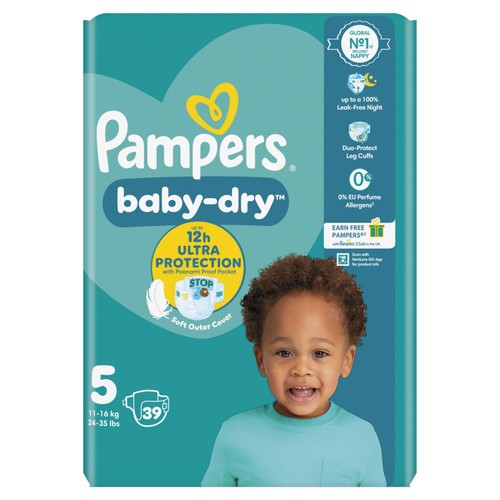 Pampers Baby-Dry Nappies, Size 5 (11-16kg) Essential Pack