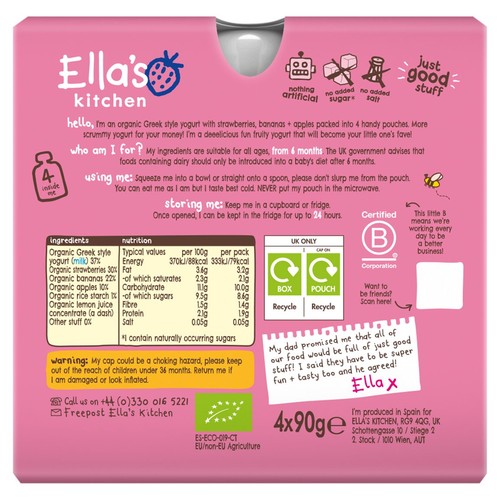 Ella's Kitchen Strawberry Greek Style Yogurt Baby Pouch Multipack 6+ Months