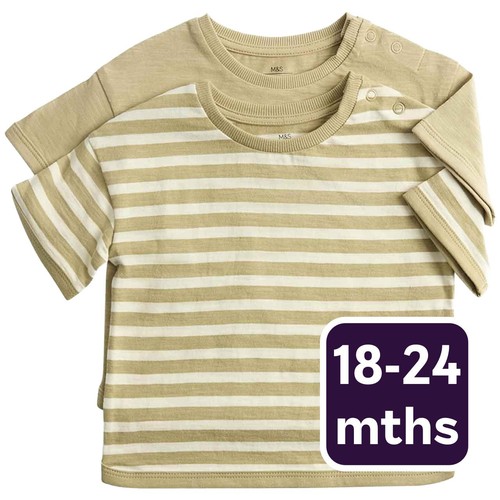 M&S Boys 2 Pack Cotton Stripe T-Shirts, 18-24 Months, Khaki