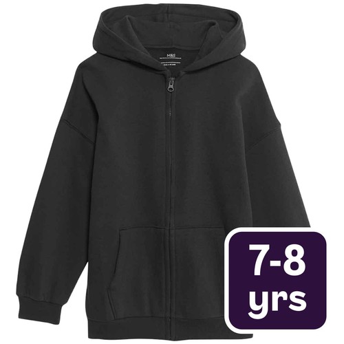 M&S Unisex Cotton Rich Plain Hoodie, 7-8 Years, Black