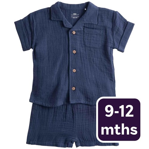 M&S Boys 2 Piece Pure Cotton Outfit, 9-12 Months, Navy