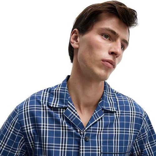 M&S Mens Pure Cotton Checked Pyjama Set, S, Blue