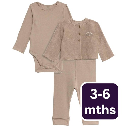 M&S 3 piece Cotton Rich Outfit, 3-6 months, Brown