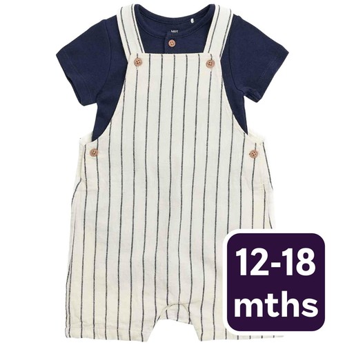M&S Smart Thin Stripe Linen Bib Short, 12-18 Months, Blue