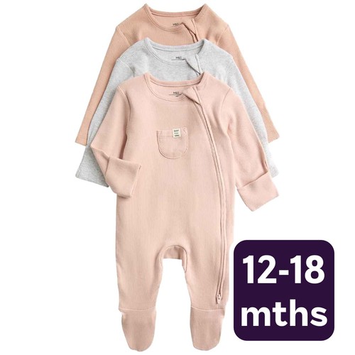 M&S Unisex Cotton Rich Ribbed Sleepsuits, 12-18 M, Blush