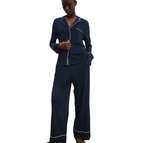 M&S Womens Autograph Cotton Modal Revere Pyjamas, XL, Navy
