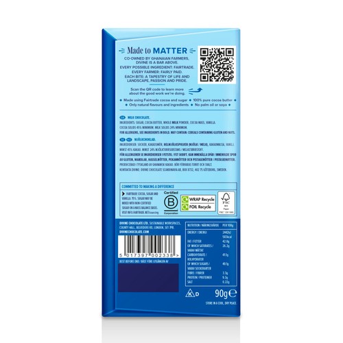 Divine 45% Cocoa Milk Chocolate Bar