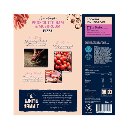White Rabbit Gluten Free Sourdough Proscuitto Ham & Mushroom Pizza