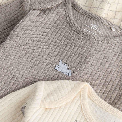 M&S Long Sleeve Dino Bodysuits, 3-6 M, Light Cream