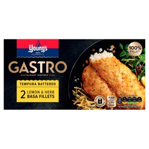 Young's Gastro 2 Lemon & Herb Tempura Battered Basa Fillets Frozen 