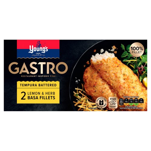 Young's Gastro 2 Lemon & Herb Tempura Battered Basa Fillets Frozen 