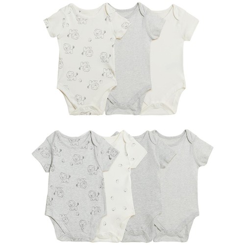 M&S 7pk Lion Bodysuits, 0-3 M, Grey Mix