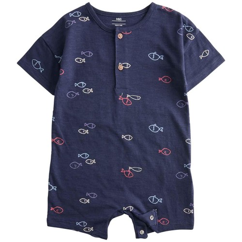 M&S Boys Pure Cotton Jersey Navy Fish Romper '12-18 Months Navy