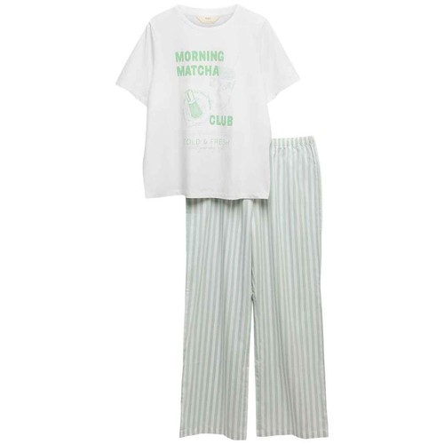 M&S Womens Pure Cotton Pyjama Set With Woven Bottoms, Small, Green Mix