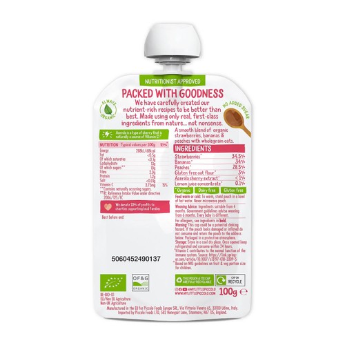 Piccolo Strawberry, Banana & Peach Organic Pouch, 4 mths+