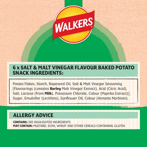 Walkers Baked Salt & Vinegar Multipack Snacks Crisps 6 x 22g