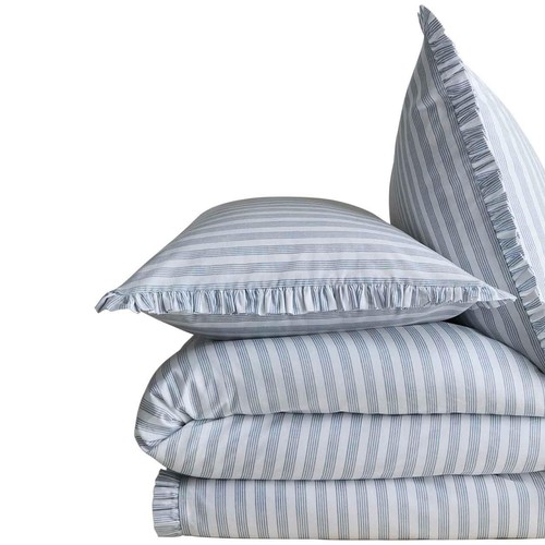 M&S Pure Cotton Striped Ruffle Bedding Set, Double, Blue Mix