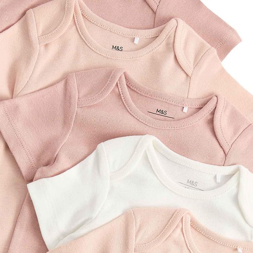 M&S Short Sleeve Plain Bodysuits, 0-3 Months, Blush