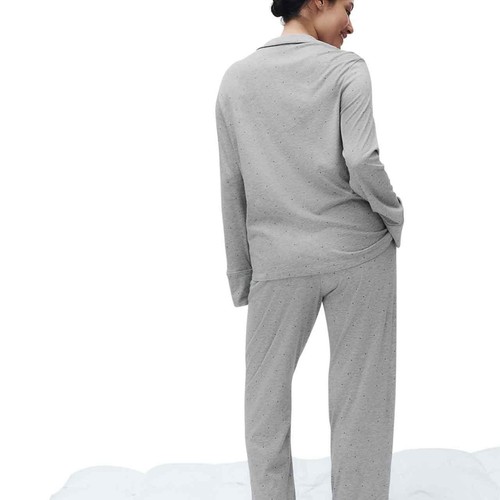M&S Womens Cotton Printed Revere Pyjama Set, Grey, XL