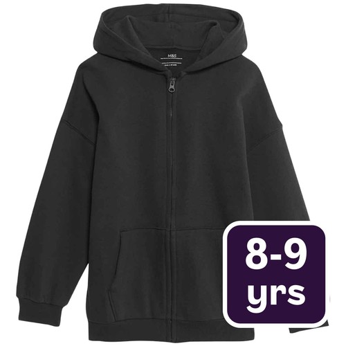 M&S Unisex Cotton Rich Plain Hoodie, 8-9 Years, Black
