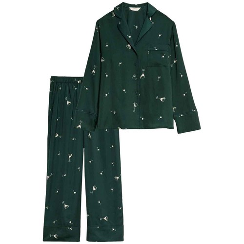 M&S Womens Dream Satin Cocktail Print Pyjama Set, 16, Light Green Mix