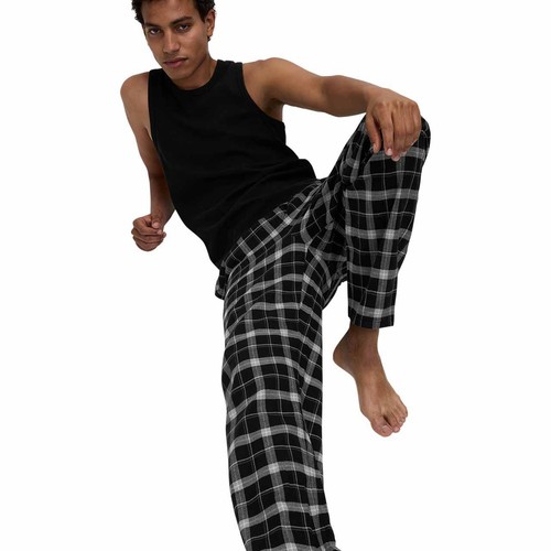 M&S Mens Brushed Cotton Checked Pyjama Bottoms, L, Black