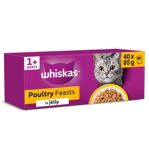 Whiskas 2-12 Months Wet Cat Food Pouches Poultry Feasts In Jelly 40 x 85g