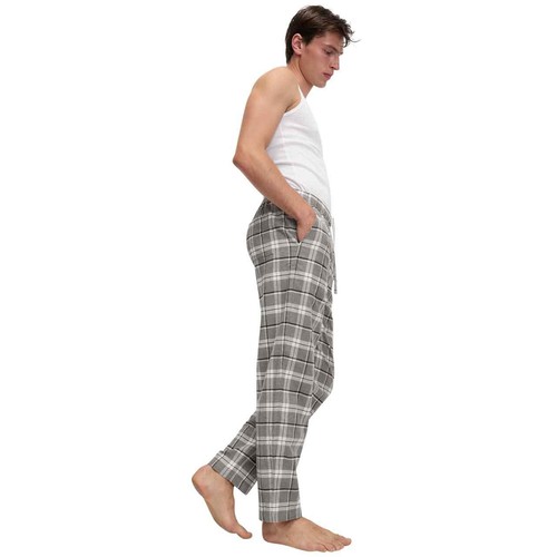 M&S Mens Pure Cotton Checked Loungewear Bottoms, XL, Grey