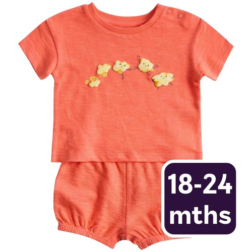 M&S Unisex 2 Piece Pure Cotton Popcorn Outfit, 18-24 M, Bright Coral