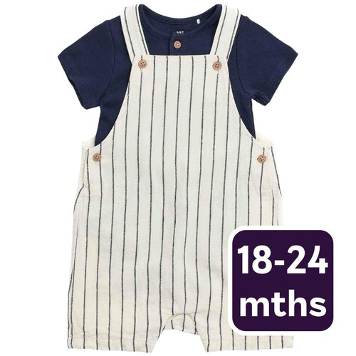 M&S Smart Thin Stripe Linen Bib Short, 18-24 Months, Blue